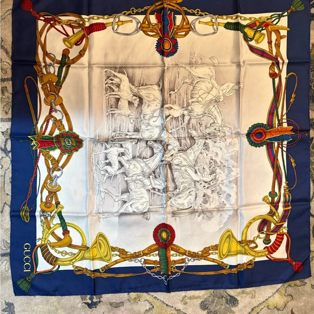 Gucci Blue and White Equestrian Scarf Vintage